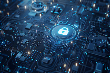 Advanced Cybersecurity Lock Symbol on a High-Tech Circuit Board Background