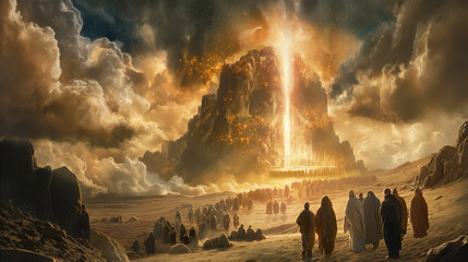 The Israelites led by a magnificent pillar of cloud by day and a pillar of fire by night, set against a cosmic desert landscape, with copy space