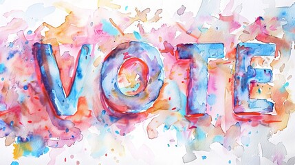 Abstract watercolor painting of the word VOTE with vibrant splashes. Artistic expression for election awareness and political campaigns. Design for poster, banner, and voting advocacy materials