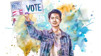 Watercolor illustration of young Asian man holding VOTE sign. Male voter. Concept of elections, voting, politics, personal empowerment, citizen rights, political advocacy. Artwork. White background