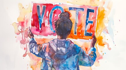 Rear view of female person holding up a VOTE sign, set against a vibrant watercolor splash background. Voter. Woman. Empowering election and voting participation theme for campaign promotions. Art