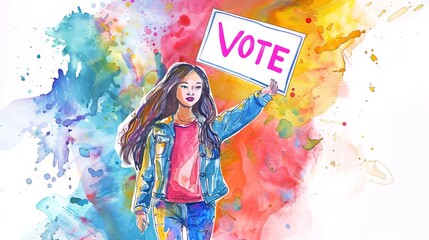 Watercolor illustration of Asian woman holding VOTE sign. Asian female voter. Concept of elections, personal empowerment, voting, citizen rights, diversity. Artwork. Aquarelle splashes