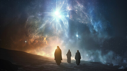 The wise men following the Star of Bethlehem, depicted as a bright supernova guiding them to Jesus, merging science and miracle, with copy space - obrazy, fototapety, plakaty