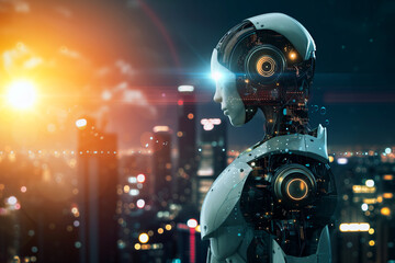 Fototapeta premium Humanoid robot with illuminated eyes overlooking a city at sunset
