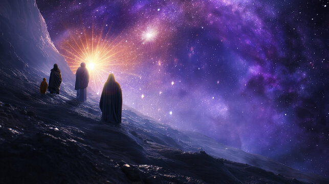 The wise men following the Star of Bethlehem, depicted as a bright supernova guiding them to Jesus, merging science and miracle, with copy space