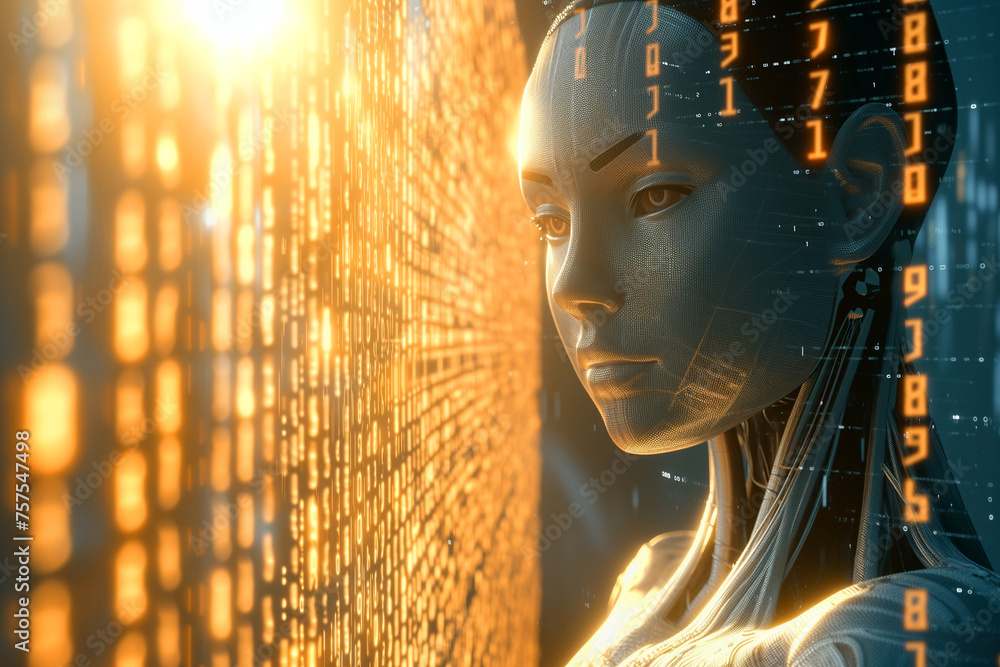 Poster female android with digital code overlay in a backdrop of light