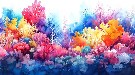 Fototapeta na wymiar Watercolor illustration of vibrant coral reefs. Colorful corals. Concept of marine life, biodiversity, tropical ecosystem. Aquarelle art