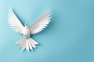 Fototapeta premium White paper origami bird on blue background сreated with Generative Ai
