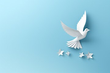 Fototapeta premium White paper origami bird on blue background сreated with Generative Ai