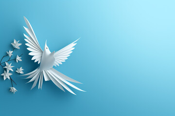 Fototapeta na wymiar White paper origami bird on blue background сreated with Generative Ai
