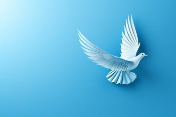 Fototapeta premium White paper origami bird on blue background сreated with Generative Ai