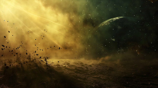 The parable of the sower, with seeds falling on different cosmic grounds, illustrating the spread of the Gospel throughout the universe, with copy space