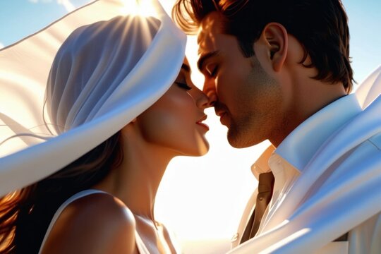 A man and a woman are kissing behind a white fabric being stirred by the wind, with the sun shining through