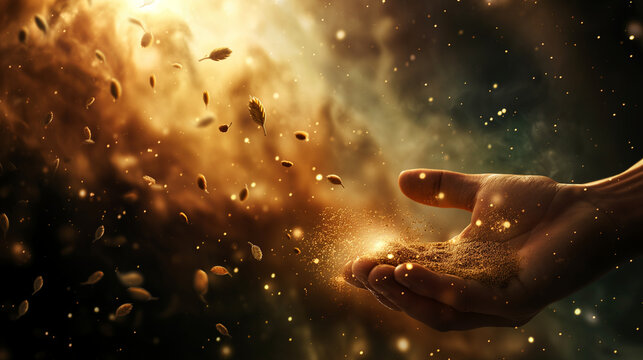 The parable of the sower, with seeds falling on different cosmic grounds, illustrating the spread of the Gospel throughout the universe, with copy space