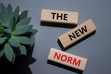 The new norm symbol. Concept words The new norm on wooden blocks. Beautiful grey background with...