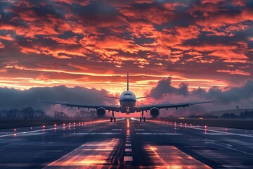 Capturing the anticipation of travel, this image shows a jetliner preparing for takeoff at dawn, with the early sky's orange and pink hues reflecting on its fuselage. - obrazy, fototapety, plakaty
