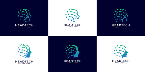 Set of Abstract Head Tech Logo Design. High Innovation Human Artificial Intelligence Technology Logo Design Inspiration.