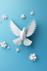 Fototapeta premium White paper origami bird on blue background. World Day of Peace banner space for Text сreated with Generative Ai