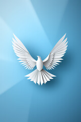 White paper origami bird on blue background. World Day of Peace banner space for Text сreated with Generative Ai