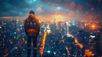 A lone construction worker takes a brief moment to survey the sprawling cityscape from the roof of the building site. Clad in a safety harness and reflective gear, the worker represents