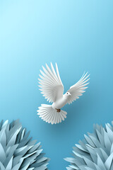 Fototapeta premium White paper origami bird on blue background. World Day of Peace banner space for Text сreated with Generative Ai