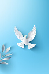 Obraz premium White paper origami bird on blue background. World Day of Peace banner space for Text сreated with Generative Ai