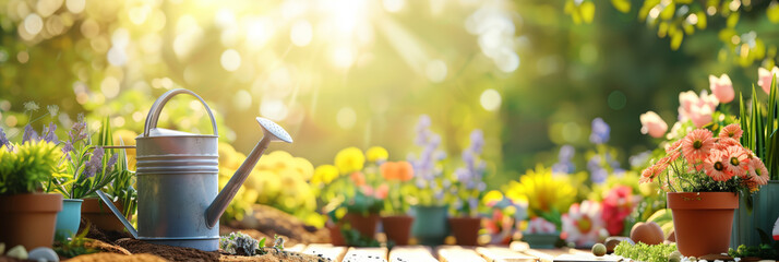 Watering can and Flowerpots In Sunny Garden - AI Generated - obrazy, fototapety, plakaty