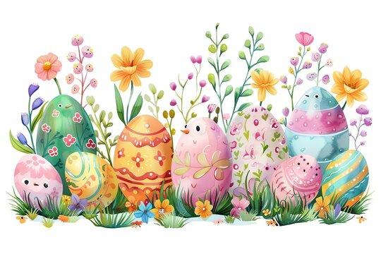 Illustration of decorated easter eggs and flowers