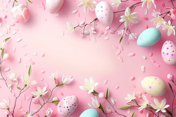 Illustration of decorated easter eggs and flowers with copyspace