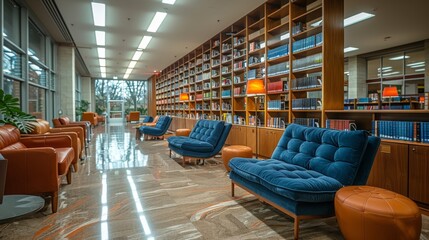 A modern library space where students and readers can find dedicated "Wi-Fi Zone" areas, equipped with comfortable chairs and desks for studying or working on laptops, surrounded by books