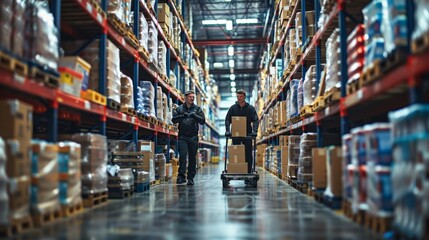 A moment of teamwork between two warehouse workers as they lift and stack heavy boxes onto a cart for transport. Their coordinated effort in navigating through the warehouse aisles - obrazy, fototapety, plakaty