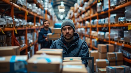 A moment of teamwork between two warehouse workers as they lift and stack heavy boxes onto a cart for transport. Their coordinated effort in navigating through the warehouse aisles