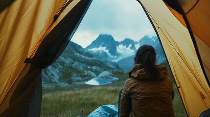 A serene summer camping scene with a woman enjoying nature's beauty in a tent, amidst mountains