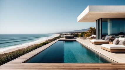 Fototapeta premium Luxurious beachfront residence featuring a private rooftop infinity pool with panoramic views of the Pacific Ocean in Malibu, California