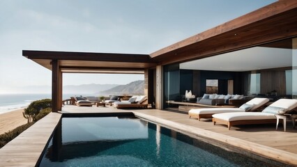 Fototapeta premium Luxurious beachfront residence featuring a private rooftop infinity pool with panoramic views of the Pacific Ocean in Malibu, California