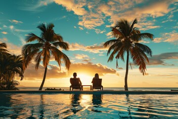 Two people relaxing on deck chairs by the pool at sunset in a tropical resort with palm trees and a beach view. A man and woman sitting back on lounge chairs Generative AI - obrazy, fototapety, plakaty