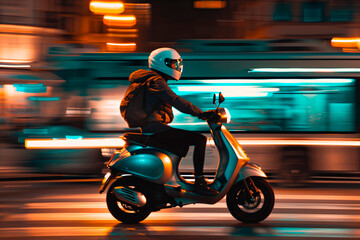 person riding a motor scooter at night in a city - obrazy, fototapety, plakaty