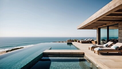 Fototapeta premium Luxurious beachfront residence featuring a private rooftop infinity pool with panoramic views of the Pacific Ocean in Malibu, California