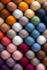 Fototapeta premium Different color wool balls on texture background, closeup view сreated with Generative Ai