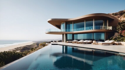 Luxurious beachfront residence featuring a private rooftop infinity pool with panoramic views of the Pacific Ocean in Malibu, California