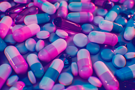 pink and purple table full of pills