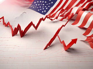 A dynamic 3D graphic of a red arrow representing a stock market trend, with the American flag as a backdrop, symbolizing financial performance, market shifts, and national economic context.