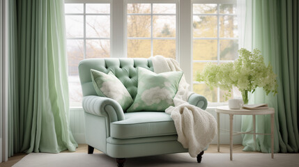 Tranquil Living Room Nook Featuring a Plush Mint Armchair and Sheer Window Drapes Overlooking Nature