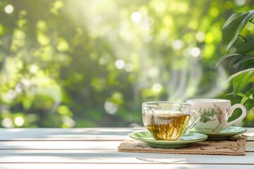 Green and Chinese tea cups set on serene white garden table - obrazy, fototapety, plakaty