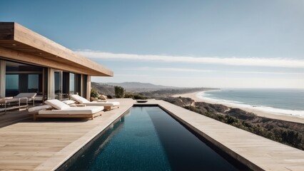 Obraz premium Luxurious beachfront residence featuring a private rooftop infinity pool with panoramic views of the Pacific Ocean in Malibu, California