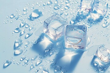 Macro shot captures refreshing ice cubes with glistening water droplets