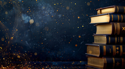 Stack of vintage books with golden pages against a dark blue mystical backdrop with golden bokeh....