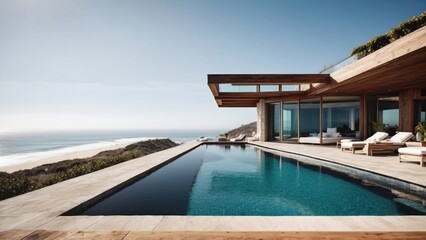 Fototapeta premium Luxurious beachfront residence featuring a private rooftop infinity pool with panoramic views of the Pacific Ocean in Malibu, California