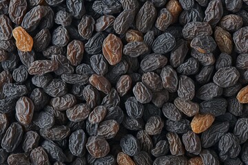 Black raisins, a favorite in dried fruit assortments Close up - obrazy, fototapety, plakaty