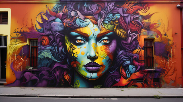 Marvel at the bold and daring spirit of urban creativity with a vibrant street art mural that commands attention. - Powered by Adobe